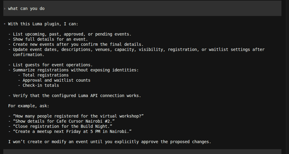 Luma Events describing its event, guest, and registration capabilities with confirmation safeguards