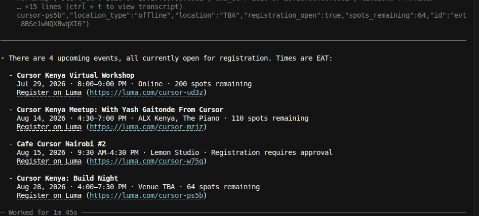Upcoming Luma events listed with dates, locations, registration settings, and capacity